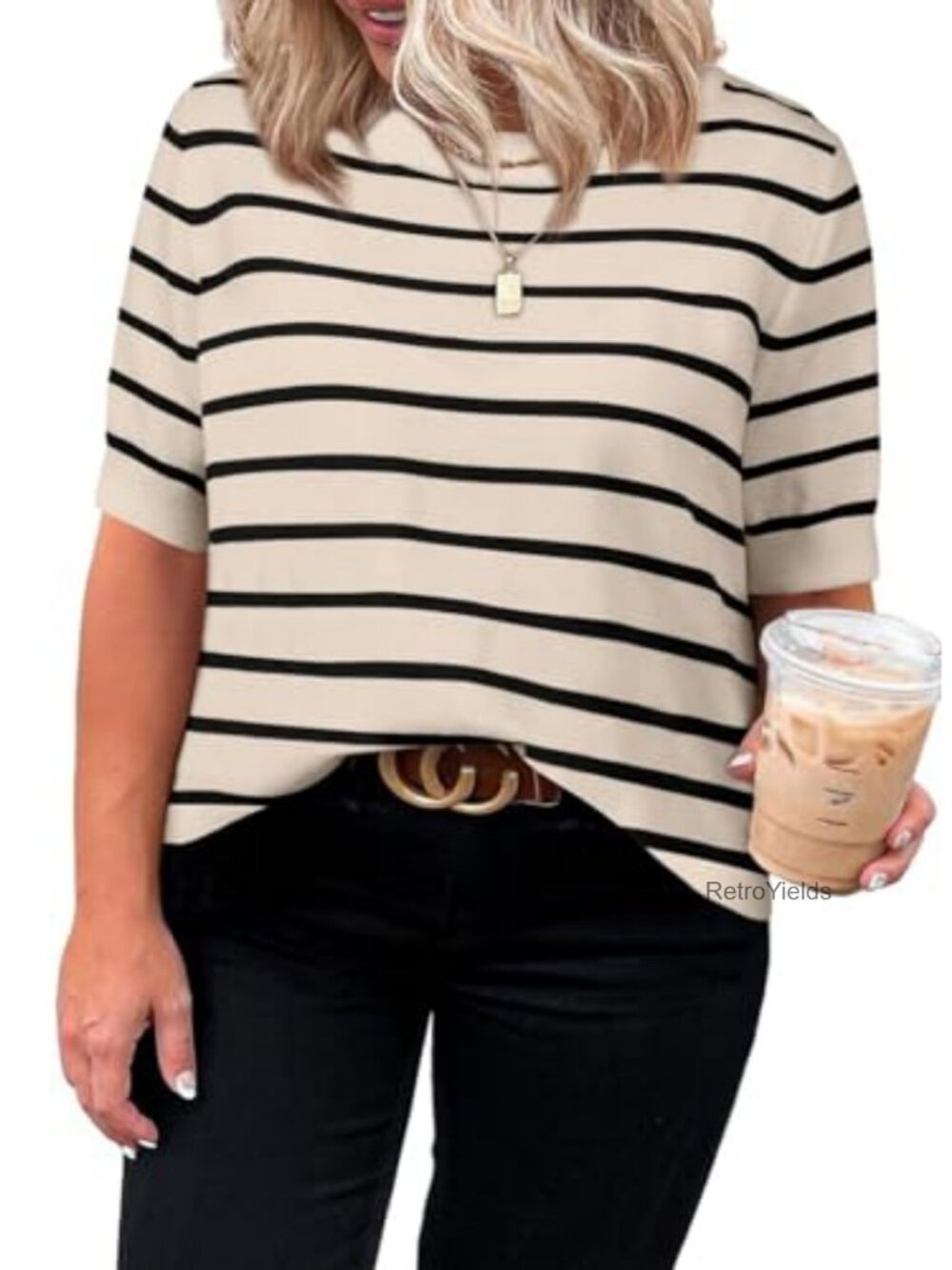 Plus Size Short Sleeve Striped Knit Sweater Top Crewneck Casual Summer Blouse
